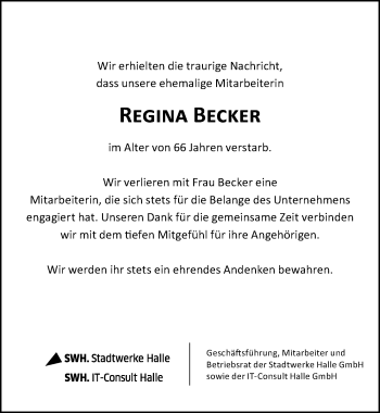 Traueranzeige von Regina Becker von Mitteldeutsche Zeitung Halle/Saalkreis