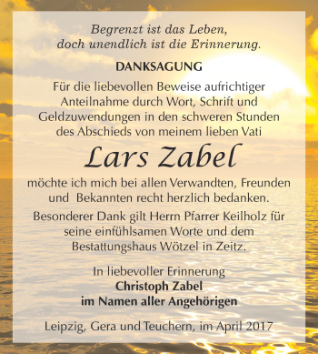 Traueranzeige von Lars Zabel von Super Sonntag Zeitz