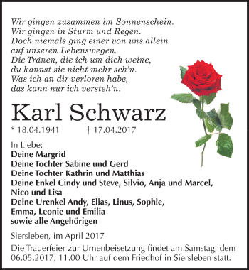 Traueranzeige von Karl Schwarz von Mitteldeutsche Zeitung Mansfelder Land