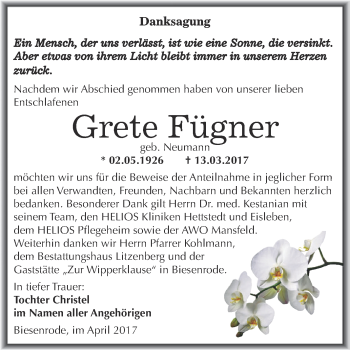 Traueranzeige von Grete Fügner von Wochenspiegel Mansfelder Land