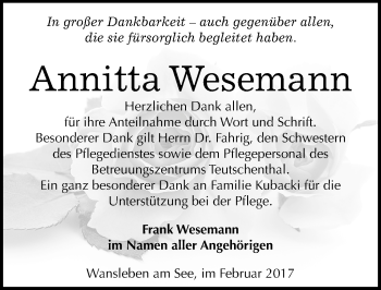 Traueranzeige von Annitta Wesemann von Mitteldeutsche Zeitung Mansfelder Land