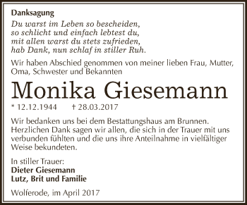 Traueranzeige von Monika Giesemann von Wochenspiegel Mansfelder Land