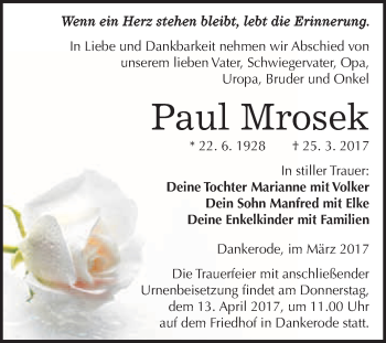 Traueranzeige von Paul Mrosek von Super Sonntag Quedlinburg