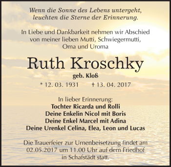 Traueranzeige von Ruth Kroschky von Mitteldeutsche Zeitung Merseburg/Querfurt