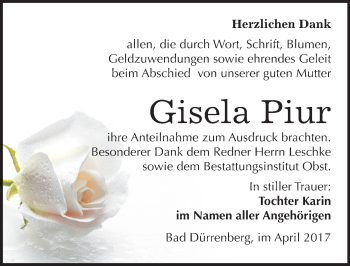 Traueranzeige von Gisela Piur von Mitteldeutsche Zeitung Merseburg/Querfurt