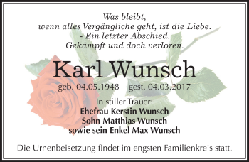 Traueranzeige von Karl Wunsch von Mitteldeutsche Zeitung Halle/Saalkreis