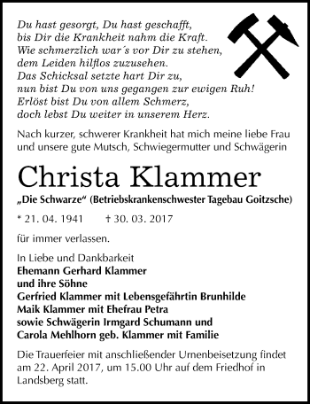 Traueranzeige von Christa Klammer von Mitteldeutsche Zeitung Bitterfeld