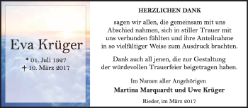 Traueranzeige von Eva Krüger von Super Sonntag Quedlinburg