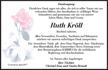 Traueranzeige von Ruth Kröll von Mitteldeutsche Zeitung Quedlinburg
