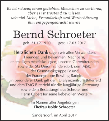 Traueranzeige von Bernd Schroeter von WVG - Wochenspiegel Bitterfeld