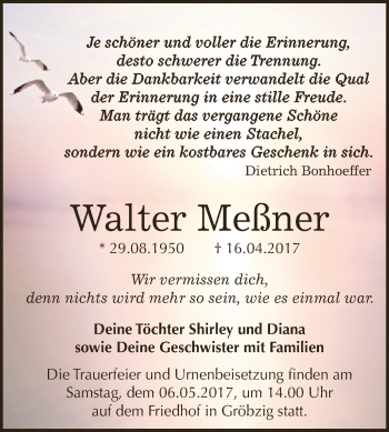 Traueranzeige von Walter Meßner von WVG - Wochenspiegel Dessau / Köthen