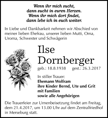 Traueranzeige von Ilse Dornberger von Mitteldeutsche Zeitung Merseburg/Querfurt