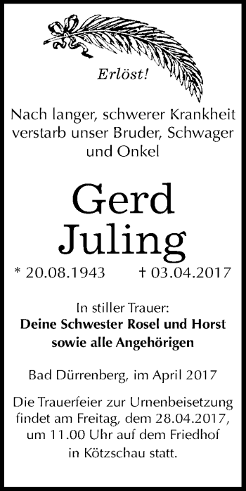 Traueranzeige von Gerd Juling von Mitteldeutsche Zeitung Merseburg/Querfurt