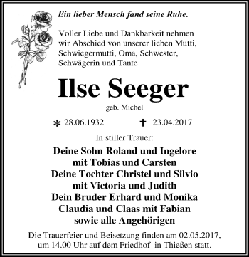 Traueranzeige von Ilse Seeger von Mitteldeutsche Zeitung Dessau-Roßlau