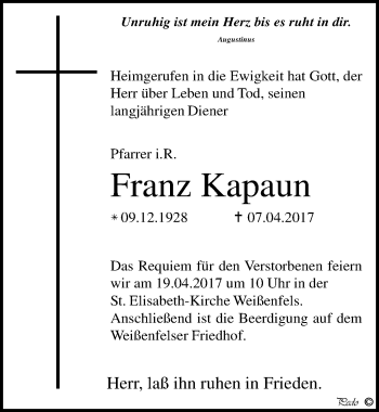 Traueranzeige von Franz Kapaun von Mitteldeutsche Zeitung Weißenfels