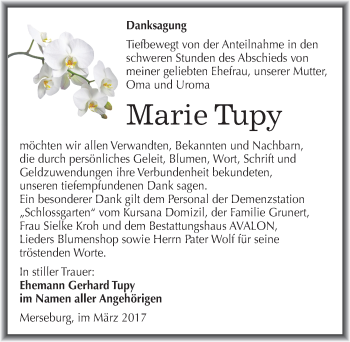 Traueranzeige von Marie Tupy von Mitteldeutsche Zeitung Merseburg/Querfurt