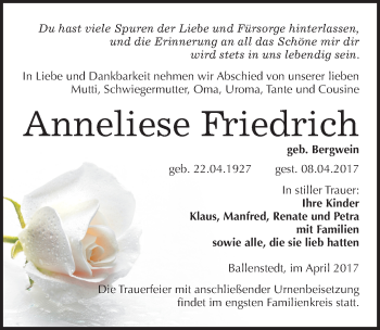 Traueranzeige von Anneliese Friedrich von Mitteldeutsche Zeitung Quedlinburg