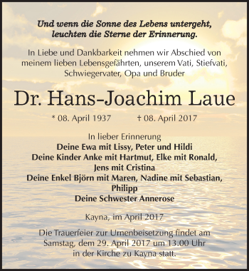 Traueranzeige von Hans-Joachim Laue von Mitteldeutsche Zeitung Zeitz