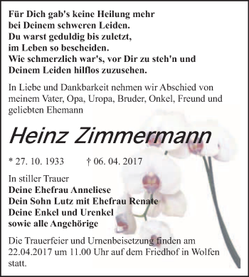 Traueranzeige von Heinz Zimmermann von WVG - Wochenspiegel Bitterfeld