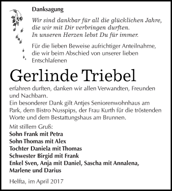 Traueranzeige von Gerlinde Triebel von Wochenspiegel Mansfelder Land