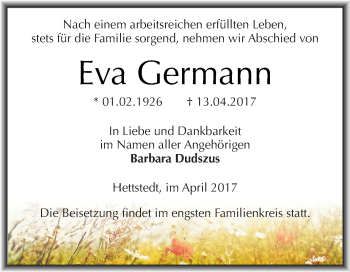 Traueranzeige von Eva Germann von Wochenspiegel Mansfelder Land