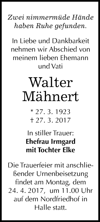 Traueranzeige von Walter Mähnert von Mitteldeutsche Zeitung Halle/Saalkreis