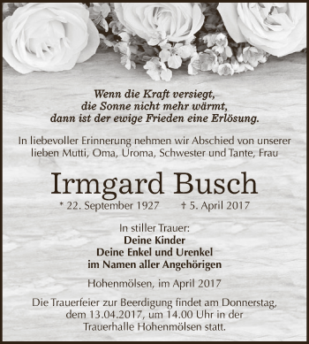 Traueranzeige von Irmgard Busch von WVG - Wochenspiegel NMB / WSF / ZTZ