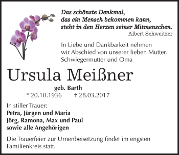 Traueranzeige von Ursula Meißner von Mitteldeutsche Zeitung Mansfelder Land