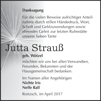 Traueranzeige von Jutta Strauß von WVG - Wochenspiegel Bitterfeld