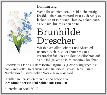 Traueranzeige von Brunhilde Drescher von Super Sonntag SGH Mansf. Land