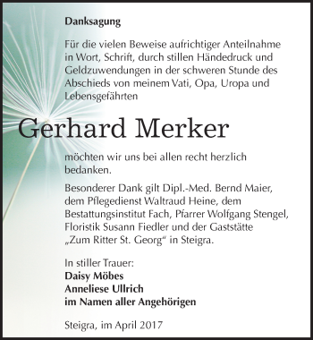 Traueranzeige von Gerhard Merker von Mitteldeutsche Zeitung Merseburg/Querfurt