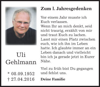 Traueranzeige von Uli Gehlmann von Mitteldeutsche Zeitung Sangerhausen