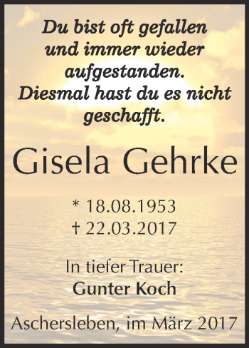Traueranzeige von Gisela Gehrke von Super Sonntag SGH Mansf. Land