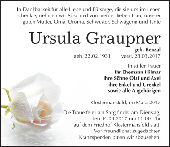 Traueranzeige von Ursula Graupner von Mitteldeutsche Zeitung Mansfelder Land