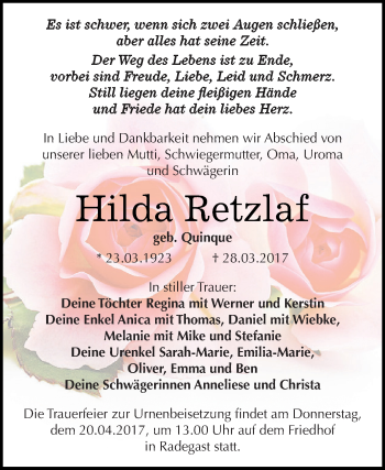 Traueranzeige von Hilda Retzlaf von WVG - Wochenspiegel Dessau / Köthen