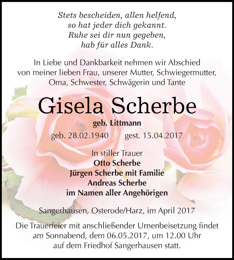  Traueranzeige für Gisela Scherbe vom 22.04.2017 aus Super Sonntag SGH Mansf. Land
