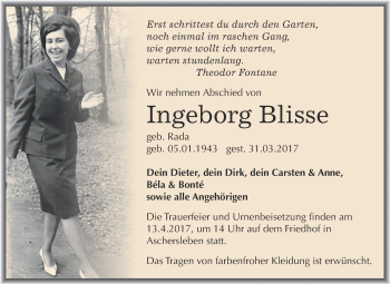 Traueranzeige von Ingeborg Blisse von Super Sonntag SGH Mansf. Land