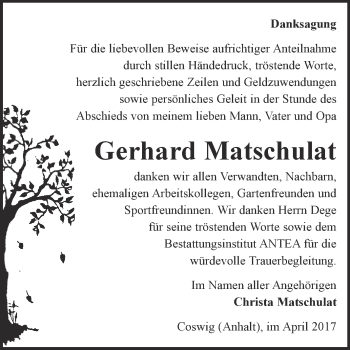 Traueranzeige von Gerhard Matschulat von Super Sonntag Wittenberg