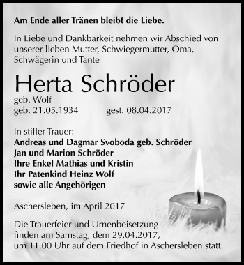 Traueranzeige von Herta Schröder von Mitteldeutsche Zeitung Aschersleben