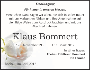 Traueranzeige von Klaus Bommert von WVG - Wochenspiegel Bitterfeld