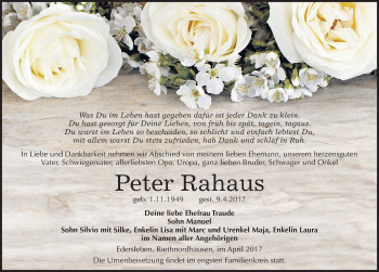 Traueranzeige von Peter Rahaus von Mitteldeutsche Zeitung Sangerhausen