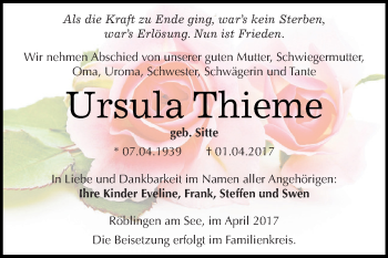 Traueranzeige von Ursula Thieme von Wochenspiegel Mansfelder Land