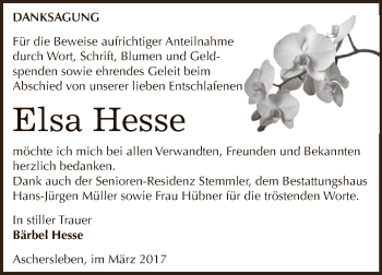 Traueranzeige von Elsa Hesse von Super Sonntag SGH Mansf. Land