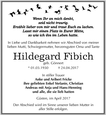Traueranzeige von Hildegard Fibich von Mitteldeutsche Zeitung Bernburg