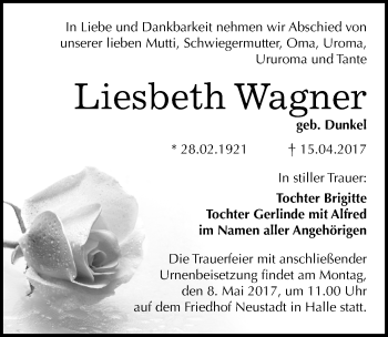 Traueranzeige von Liesbeth Wagner von Mitteldeutsche Zeitung Halle/Saalkreis