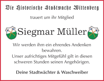 Traueranzeige von Siegmar Müller von Super Sonntag Wittenberg