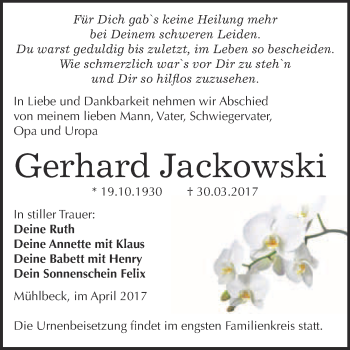 Traueranzeige von Gerhard Jackowski von WVG - Wochenspiegel Bitterfeld