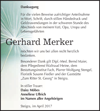 Traueranzeige von Gerhard Merker von WVG - Wochenspiegel Merseburg