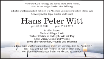 Traueranzeige von Hans Peter Witt von Mitteldeutsche Zeitung Aschersleben