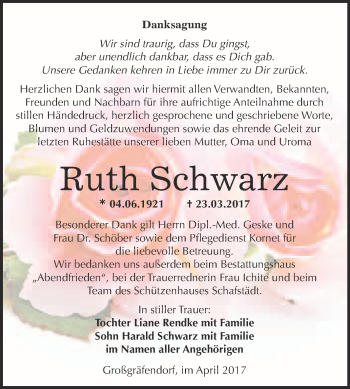 Traueranzeige von Ruth Schwarz von Super Sonntag Merseburg
